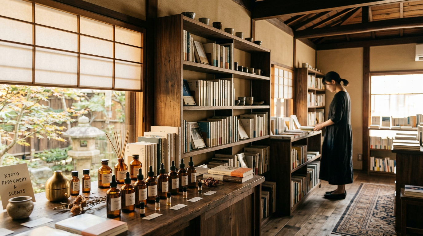温かな光に包まれた、本棚と香水瓶が並ぶ調香書房の店内